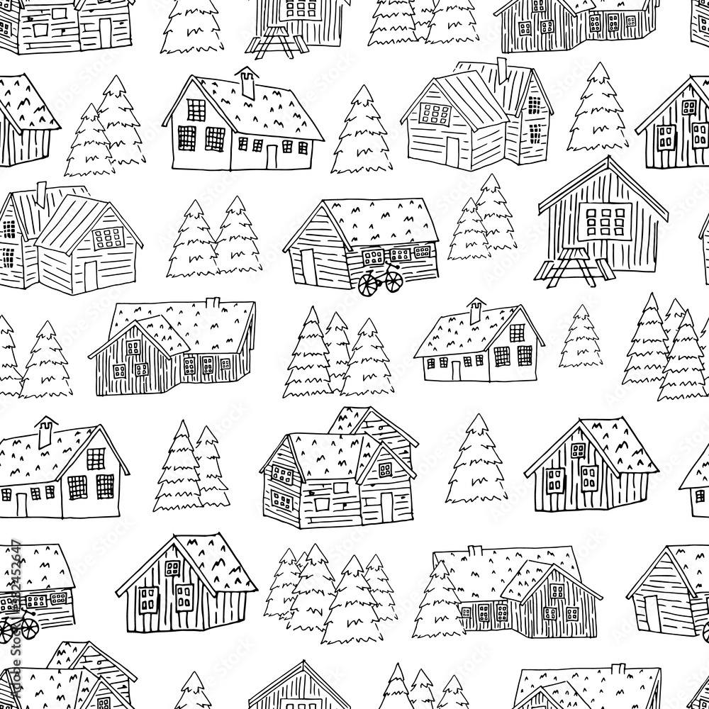 Black-white set of houses and christmas trees for coloring book or card seamless pattern