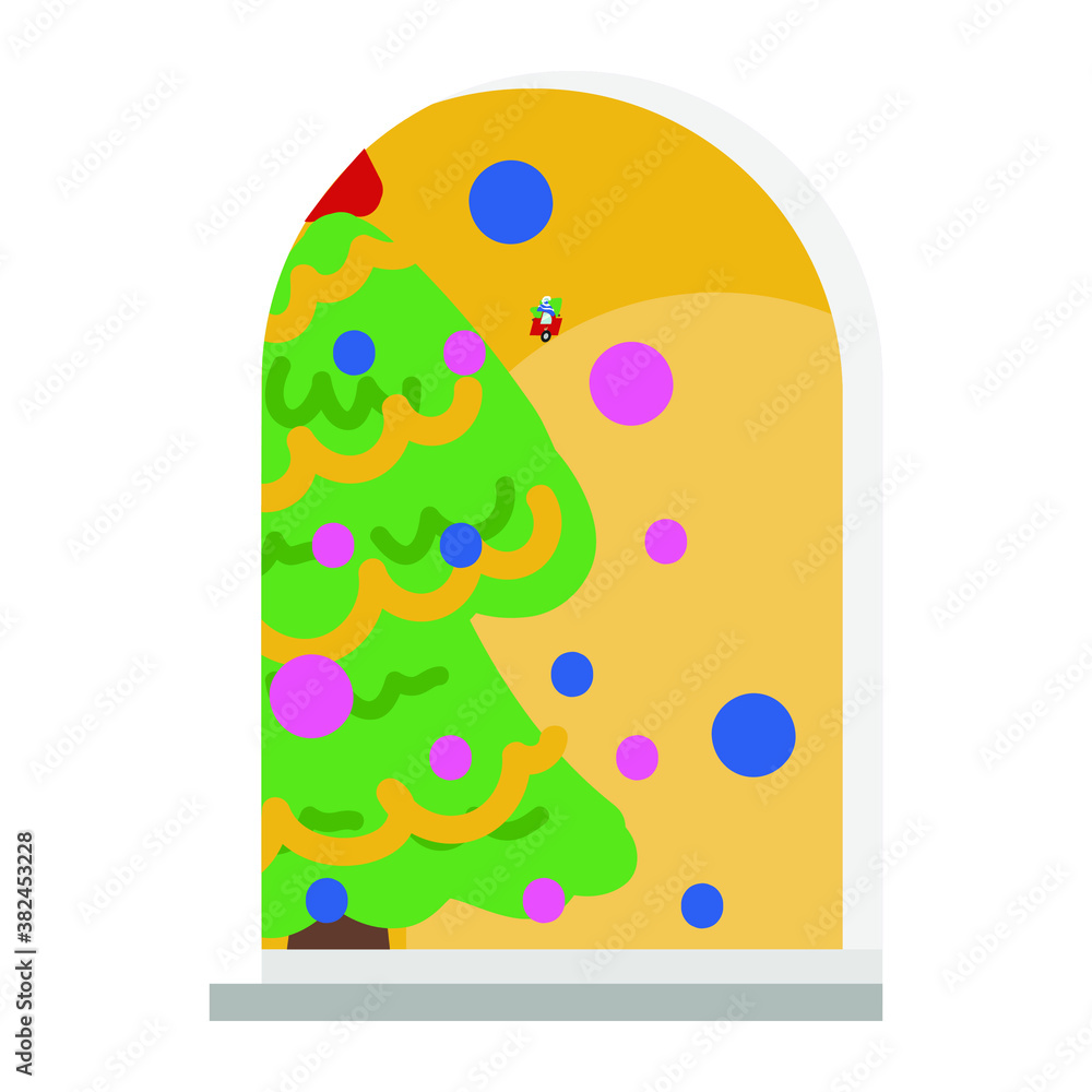 Vector drawing of a Christmas decorated tree from the window on a white isolated background in a flat style. New Year mood. Print, decoration of cards, invitations