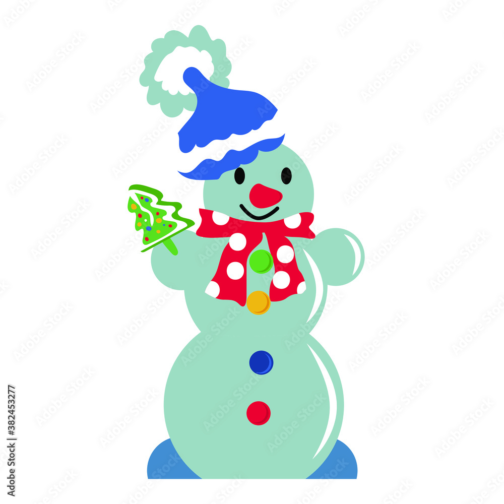 Vector drawing of blue snowman on white isolated background in flat design. New Year mood. Print, decoration of cards, invitations Vector drawing of blue snowman on white isolated background in flat design. New Year mood. Print, decoration of cards, invitations