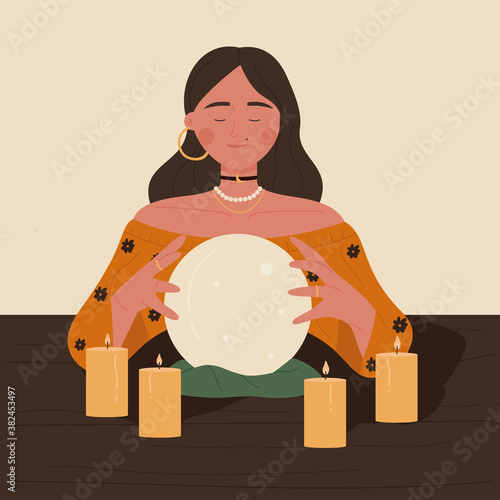 Fortune teller woman reading future on magical crystal ball. Gypsy oracle. Vector illustration in cartoon style. Isolated on white background.