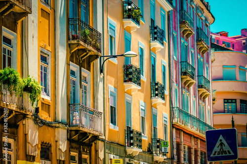 View of the facade of a building in the downtown of Lisbon in Portugal 