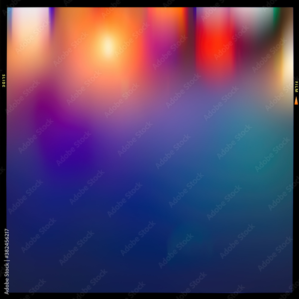 Fototapeta premium Blurred abstract colored blue and pink, orange, background in a black frame along the contour, slide film.