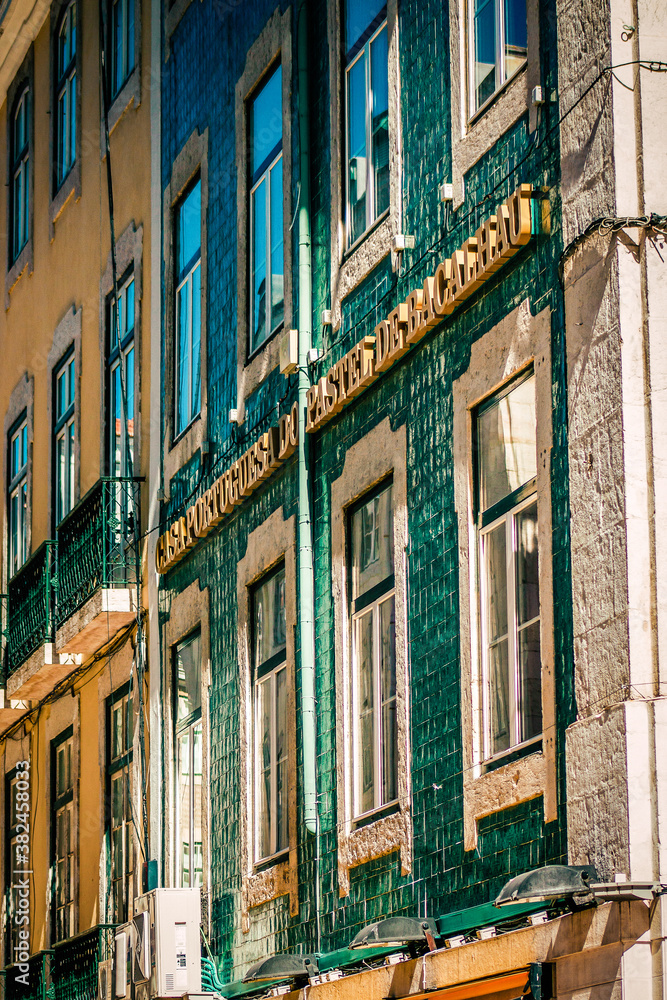 View of the facade of a building in the downtown of Lisbon in Portugal
