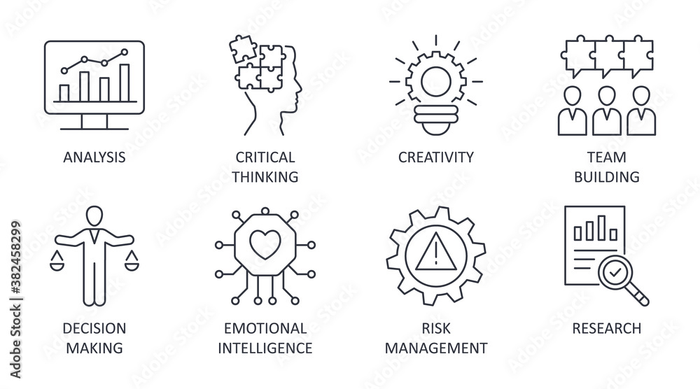 Problem solving icons editable stroke. Creativity analysis research critical thinking. Team building emotional intelligence risk management decision making. Vector stock illustration on white back