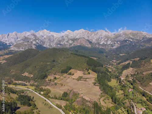 Aerial view of the Picos de Europa (Peaks of Europe) a mountain range part of the Cantabrian Mountains in northern Spain.