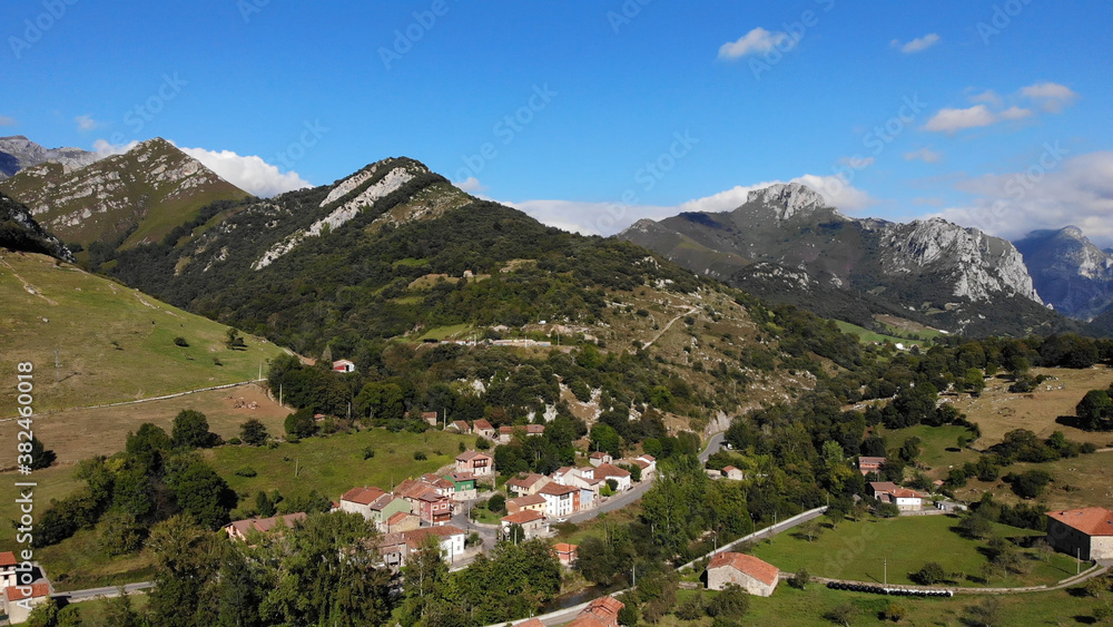 Aerial view of Arenas de Cabrales. Las Arenas is one of nine Parish in Cabrales, a municipality within the province and autonomous community of Asturias, in northern Spain.