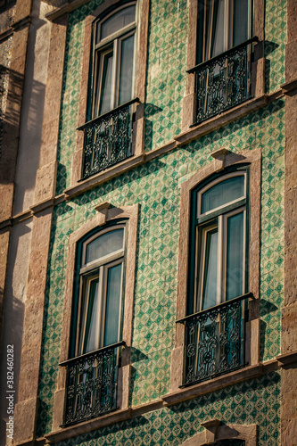 View of the facade of a building in the downtown of Lisbon in Portugal 