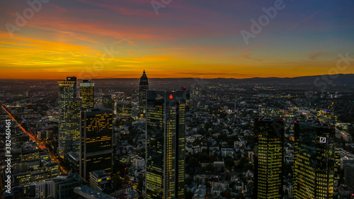 panoramic view of Frankfurt am Main, Germany at dusk. beautiful sunset over the metropolis, Financial Center of Europe - Frankfurt am Main