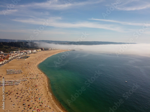 View of Nazare Beach, from the viewpoint of Suberco, in the Leiria District, in Portugal.