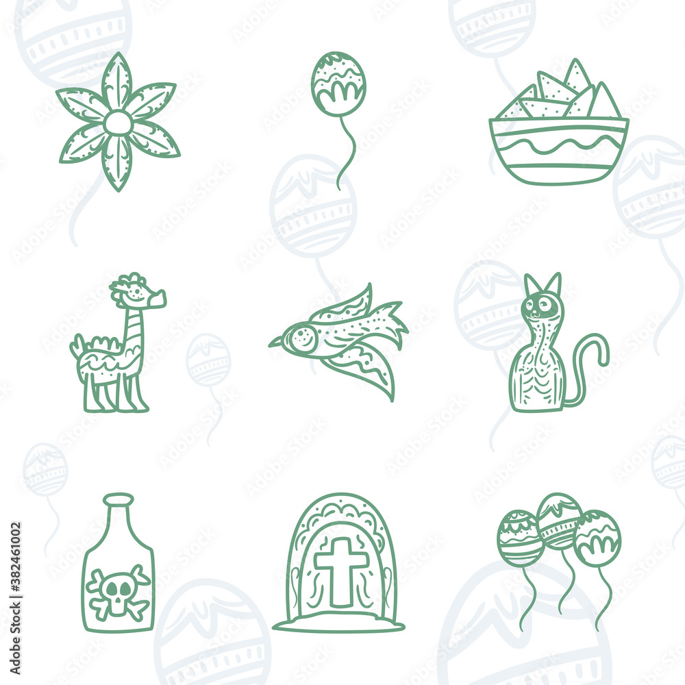 Mexican day of deads free form line style icons collection vector design