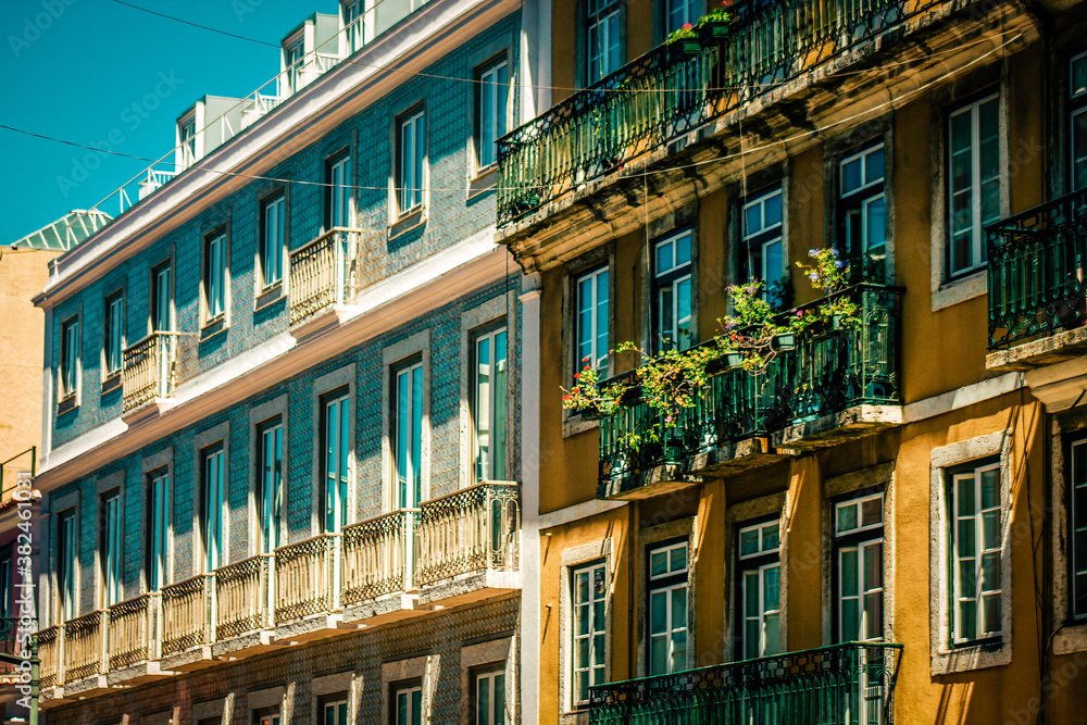 View of the facade of a building in the downtown of Lisbon in Portugal
