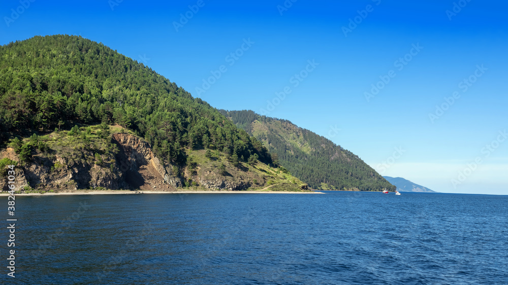 View from lake Baikal to the coastline.