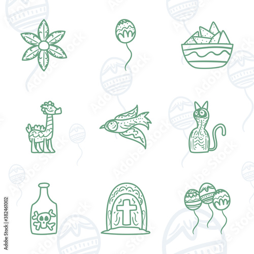 Mexican day of deads free form line style icons collection vector design