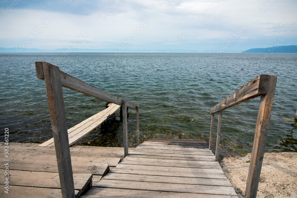 View of lake Baikal from a wooden pier.