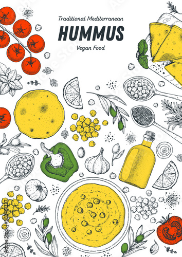 Hummus cooking and ingredients for hummus, sketch illustration. Middle eastern cuisine frame. Healthy food, design elements. Hand drawn, package design. Mediterranean food. Vegan menu