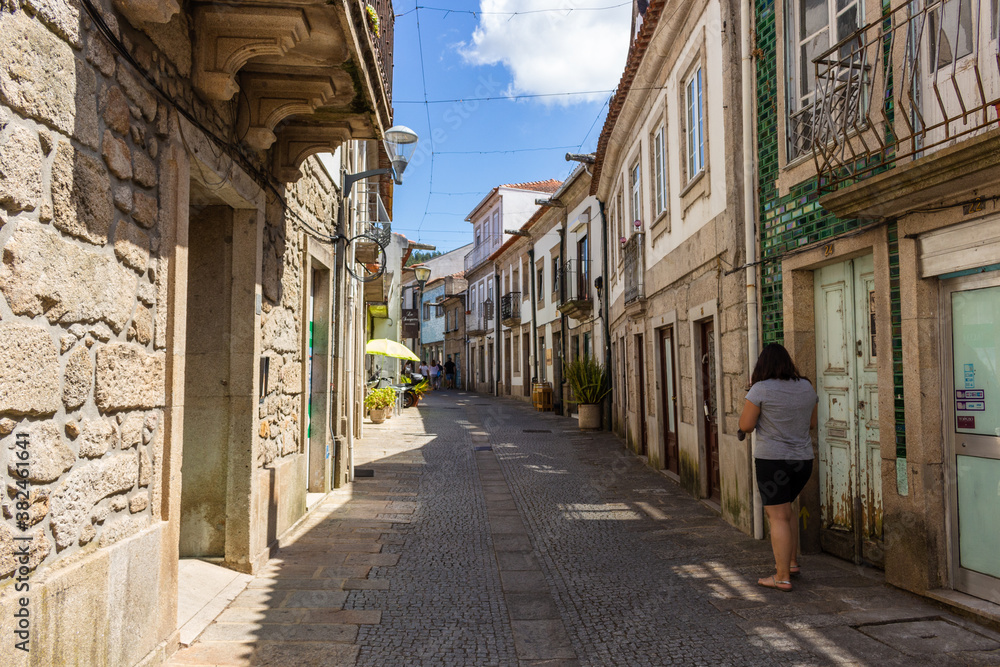 Vila Nova de Cerveira / Portugal - August 1, 2020: Street in historic center of Cerveira. Cerveira is a city and a municipality in Viana do Castelo District in Portugal.