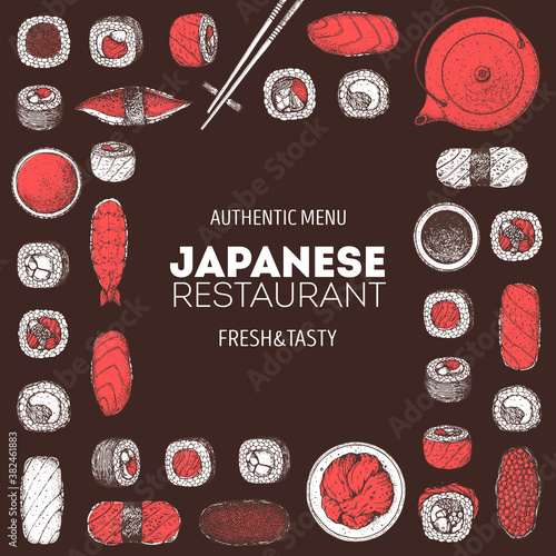 Sushi menu, sushi bar hand drawn design. Japanese food. Hand drawn doodle set with sushi. Vintage template with traditional asian food sketch.