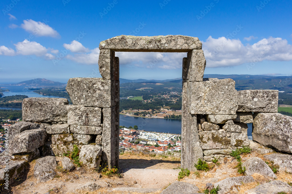 The Porta do Ceu (Heaven's Door) or the Espirito Santo viewpoint at the Gavea Hill in Vila Nova de Cerveira. The remaining ruins of the Espírito Santo Chapel facing the Minho River and Spain.