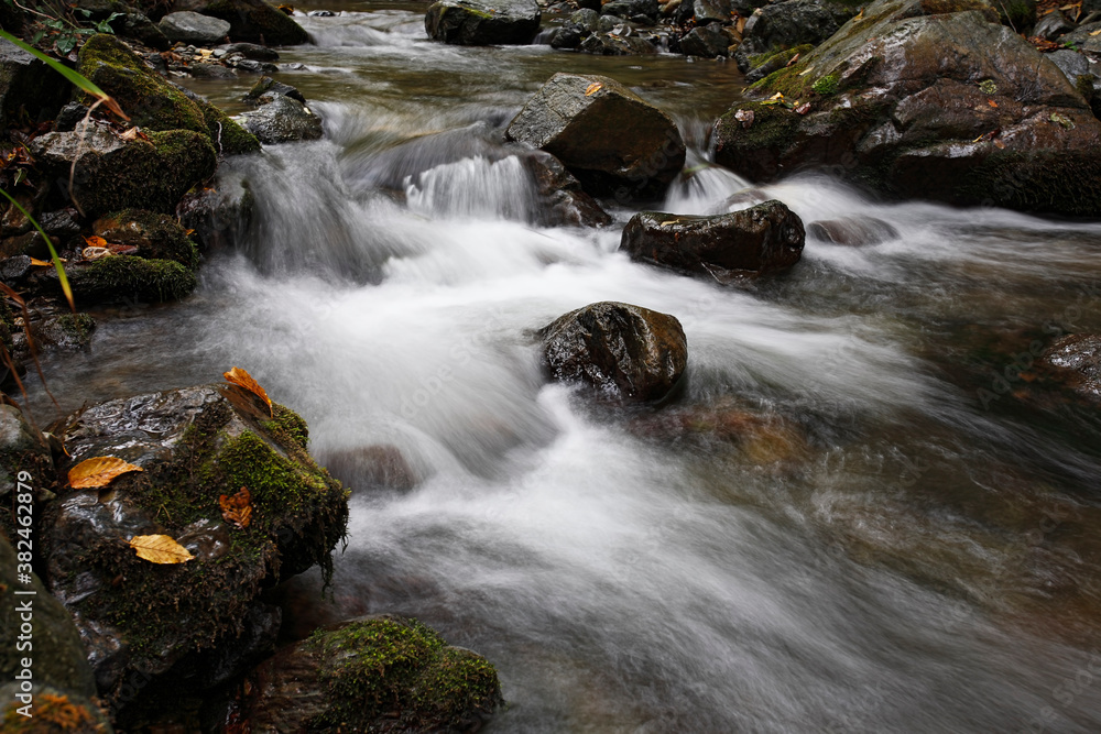 Mountain stream in forest with cascades Mountain stream in forest with cascades