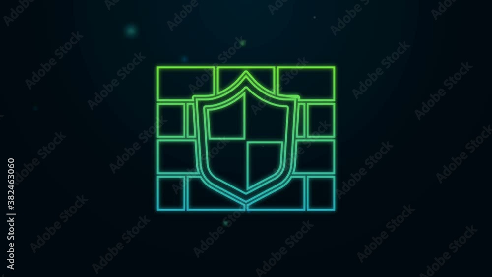 Glowing neon line Shield with cyber security brick wall icon isolated on black background. Data protection symbol. Firewall. Network protection. 4K Video motion graphic animation Glowing neon line Shield with cyber security brick wall icon isolated on black background. Data protection symbol. Firewall. Network protection. 4K Video motion graphic animation