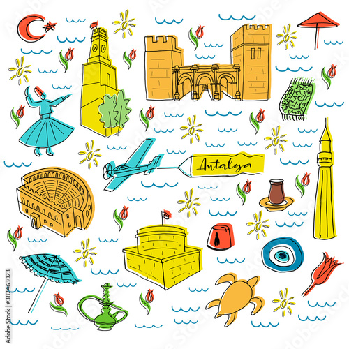 Antalya city name and illustration with city sights isolated on white background for banner, sticker, souvenirs, booklet. Hand drawn vector lettering and illustration for travel agency, print shop