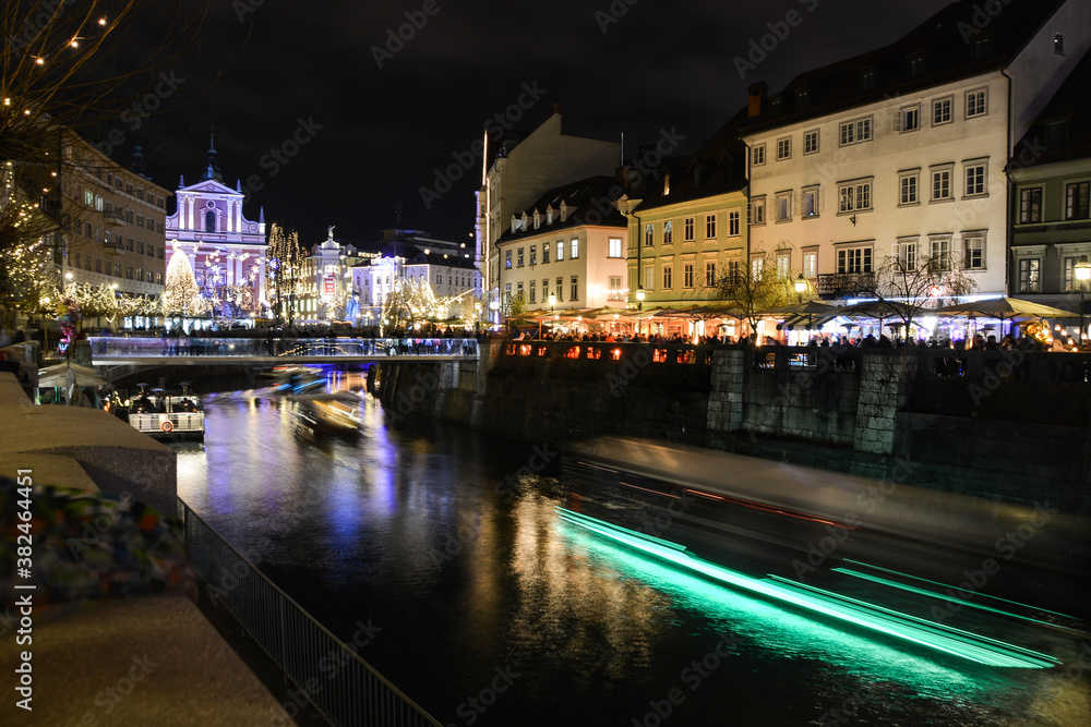 Holyday time in Ljubljana, light painting/trace by a boat