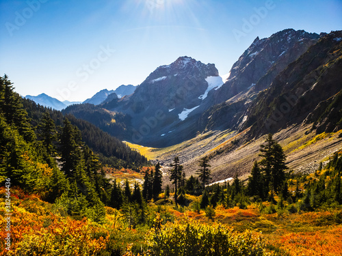 Fall foliage in bloom across mountain valleys with snow capped mountain peaks in the background