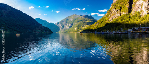 Foto Panoramic and drone landscape of Geiranger fjords, Geirangerfjord, Norway