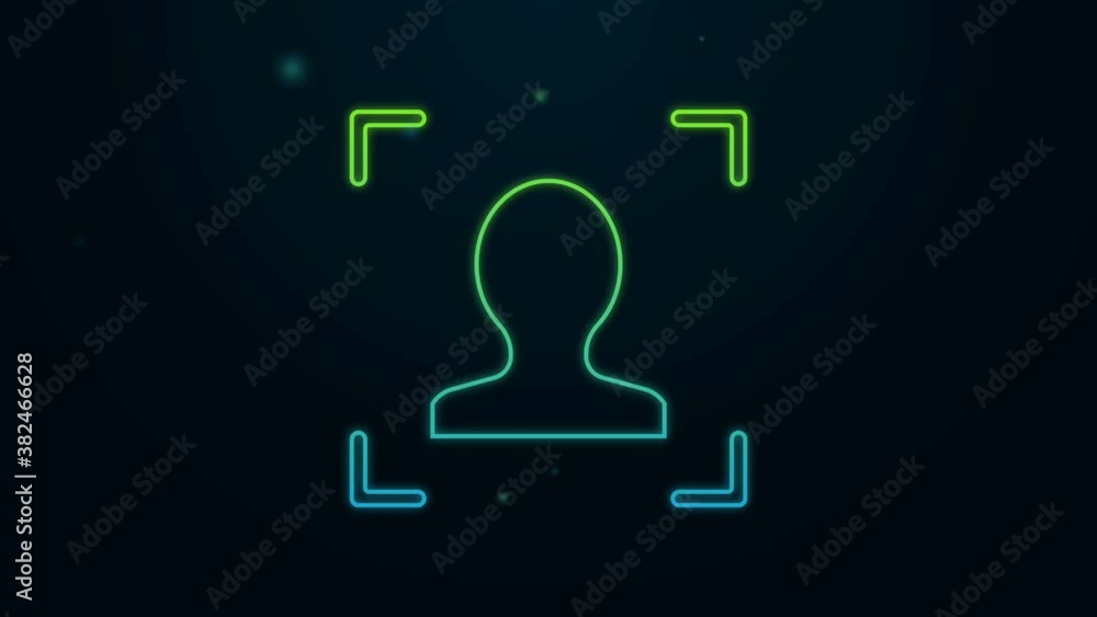 Glowing neon line Face recognition icon isolated on black background. Face identification scanner icon. Facial id. Cyber security concept. 4K Video motion graphic animation
