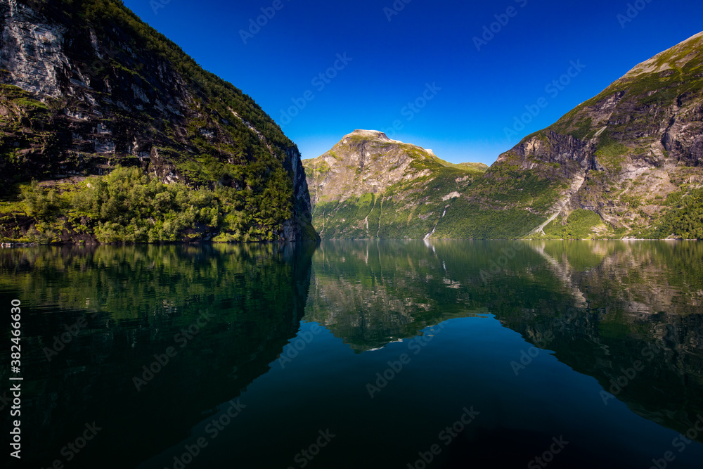 Fototapeta premium Panoramic and drone landscape of Geiranger fjords, Geirangerfjord, Norway