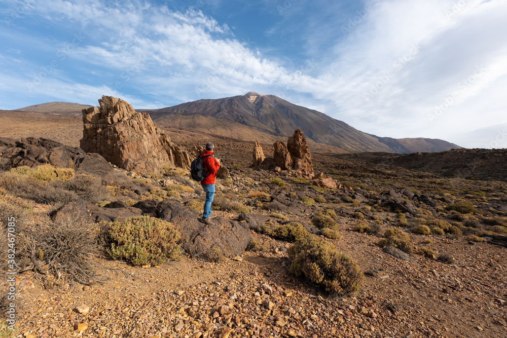 A hiker with a backpack stands on a rock in the caldera of the island of Tenerife. He looks at the Teide, the highest mountain in Spain. A sunny autumn day with clouds.