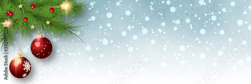 Christmas and New Year vector banner template. Fir tree branches corner on blurred background with stars and snowflakes