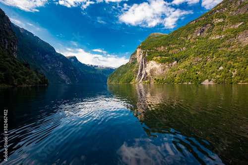 Panoramic and drone landscape of Geiranger fjords, Geirangerfjord, Norway