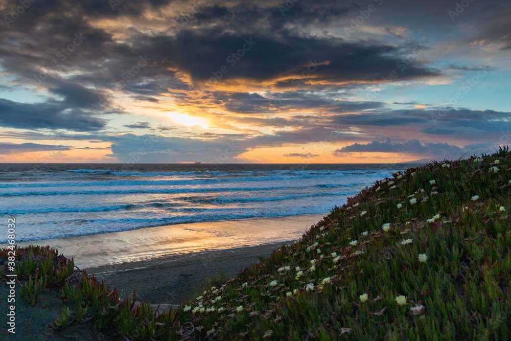 A beautiful coastal sunset at Ocean Beach, San Francisco