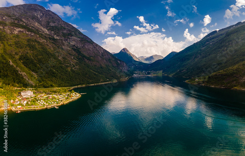 Panoramic and drone landscape of Geiranger fjords, Geirangerfjord, Norway