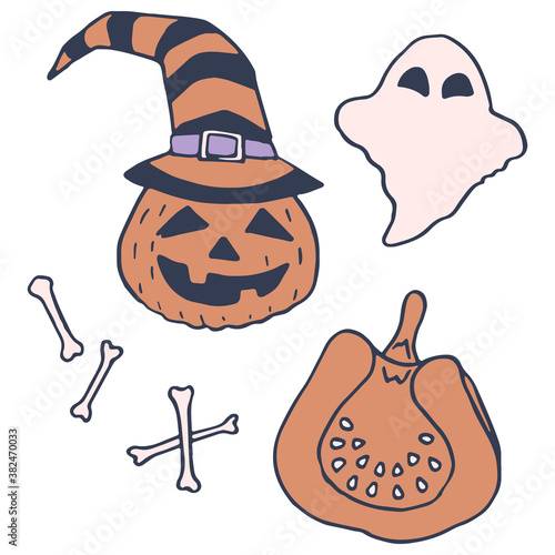 Halloween pumpkin jack on white isolated backdrop. Ghostl and bones for invitation or gift card, notebook, bath tile, scrapbook. Phone case or cloth print art. Doodle style stock vector illustration