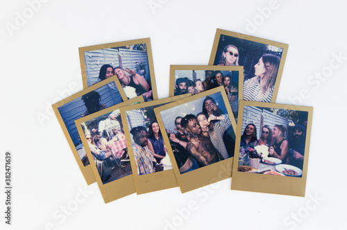 A collecton of polaroids of a backyard party photo