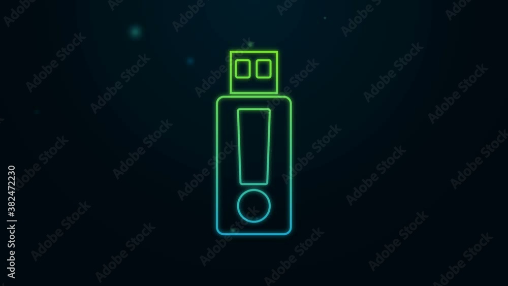 Glowing neon line USB flash drive icon isolated on black background. 4K Video motion graphic animation Glowing neon line USB flash drive icon isolated on black background. 4K Video motion graphic animation