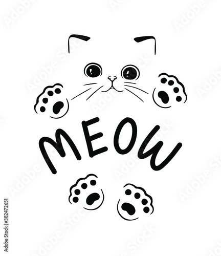 Photo Cute black funny kitten vector silhouette drawing illustration isolated on white background