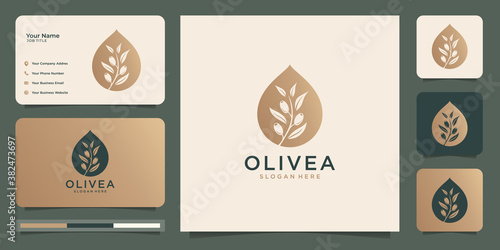 olive logo with creative oil drop design in negative space concept. olivea design and business card tempalte. premium vector