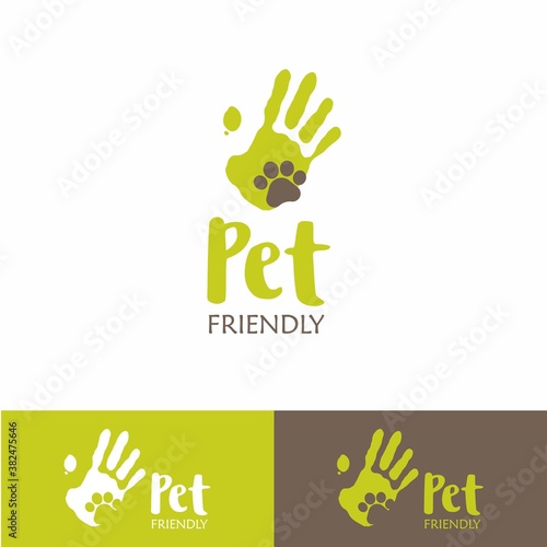 Pet-friendly logo template. Pet-friendly sign with hand and paw.