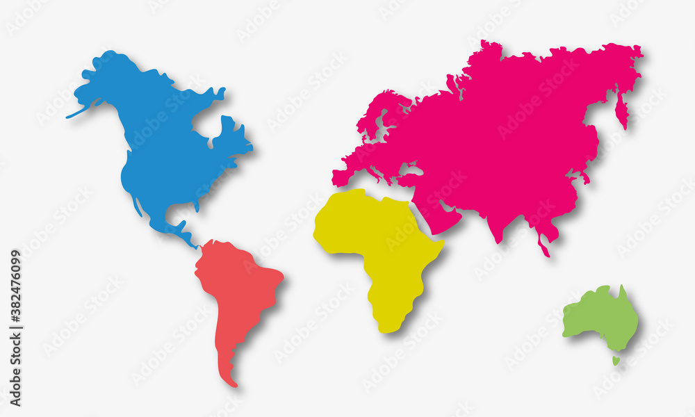 Papercut style world map. Planet Earth. Stylized colored continents on a white background