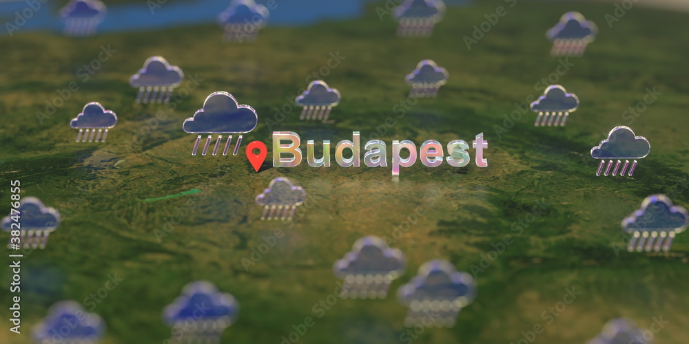 Budapest city and rainy weather icon on the map, weather forecast related 3D rendering Budapest city and rainy weather icon on the map, weather forecast related 3D rendering