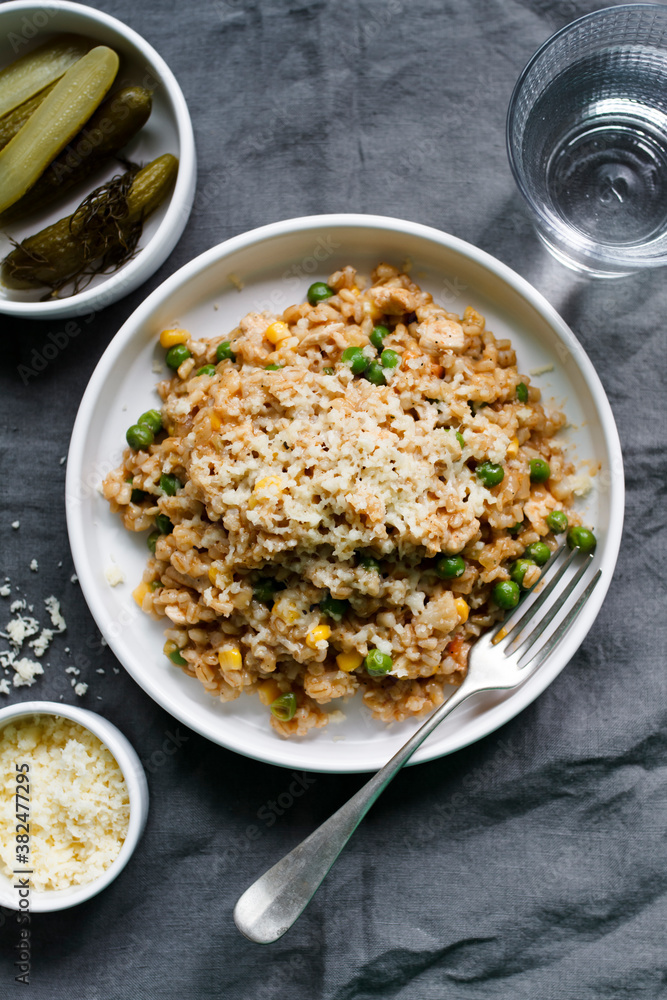 Pearl barley risotto with vegetables and cheese Pearl barley risotto with vegetables and cheese