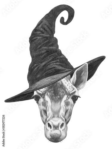 Portrait of Giraffe with a witch hat. Halloween illustration photo