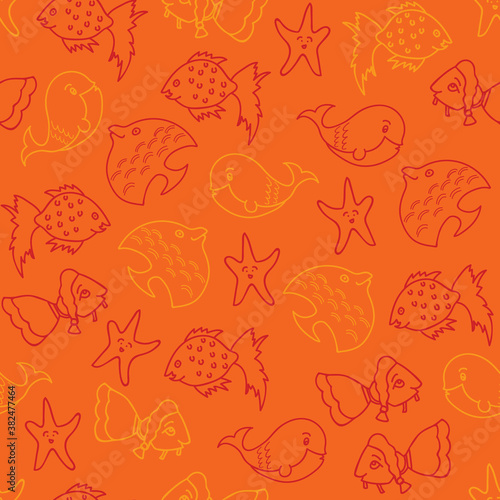 Vector bright orange aquatic seamless pattern bakground