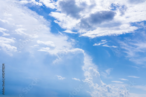 blue sky with large and curly white clouds background air design