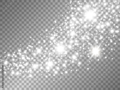 Glitter wave with silver light effect. Sparkling trail with white stars and stardust. Glowing comet with silver particles. luxury composition. Starry backdrop. Vector illustration