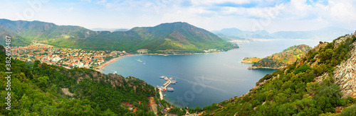 panorama view of Icmeler Bay, aegean and Mediterranean sea. Turkish resort of Marmaris. summer vacation or weekend on sea coast in sunny day . rest on the Turkish coast. Top Turkish resorts.