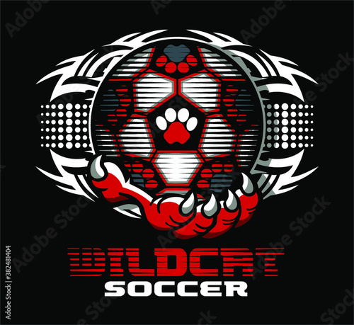 tribal wildcat soccer team design with mascot claw holding ball for school, college or league